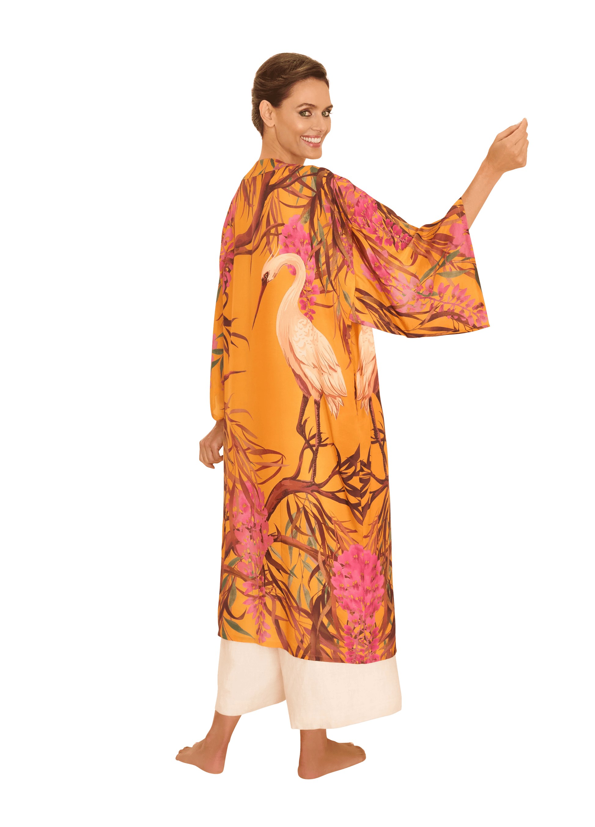 BettyliciousUK Clothing Ochre Oriental Crane Kimono Gown by Powder