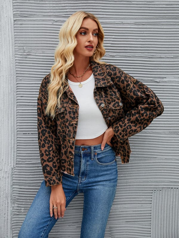 New Distressed Denim Jacket With Button Down Front And Leopard Print Sleeves hotsell