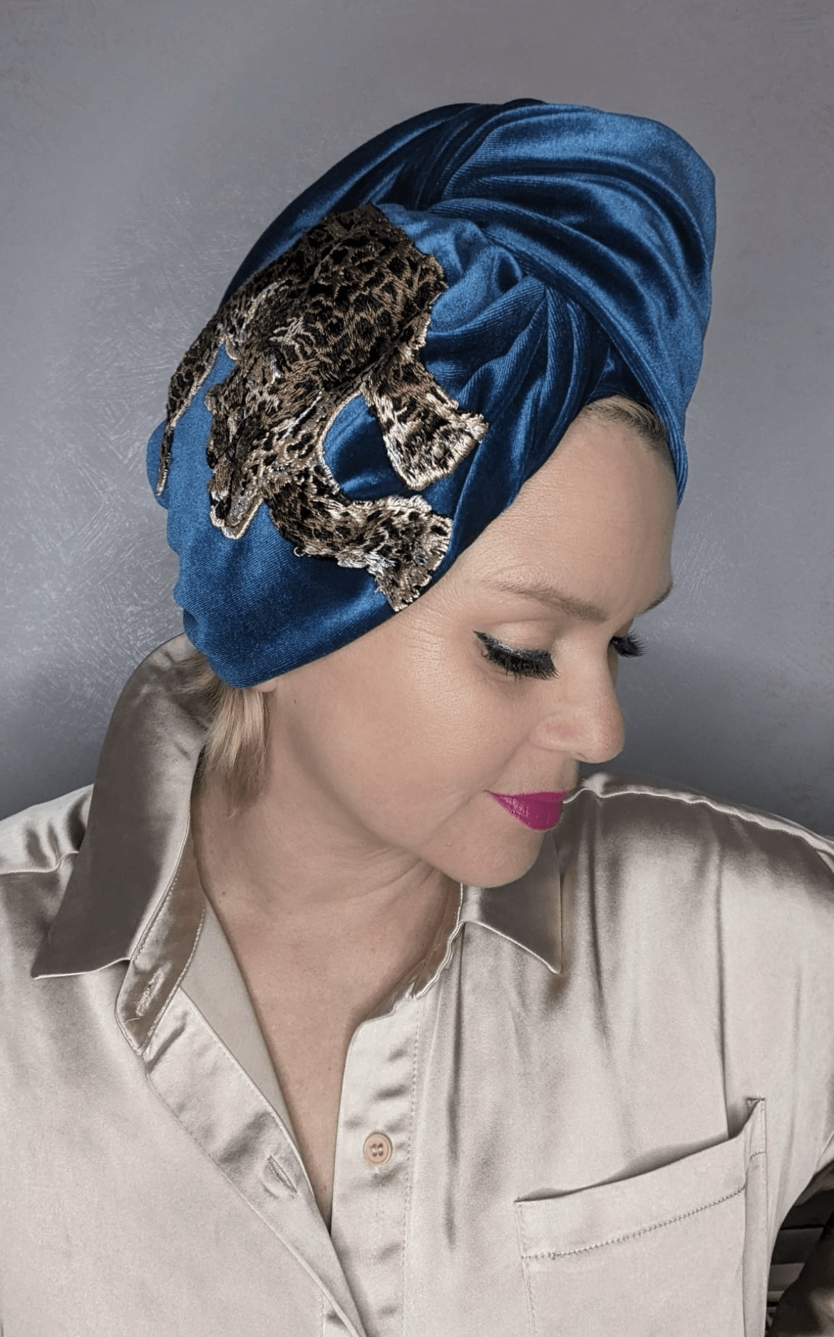 BettyliciousUK Turban Blue Velvet Leopard Vintage Style Turban by Bebopa Headbands