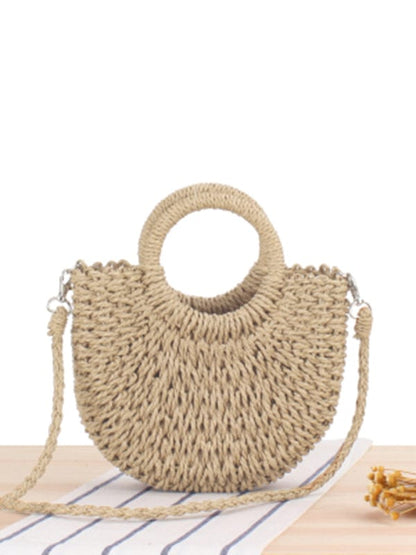 Half Round Straw Woven Vintage Style Beach Bag