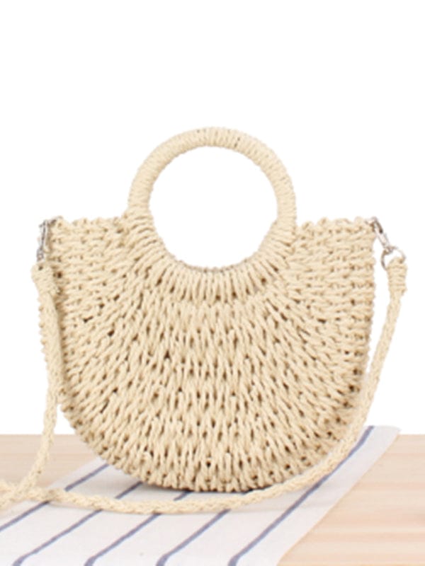 Half Round Straw Woven Vintage Style Beach Bag